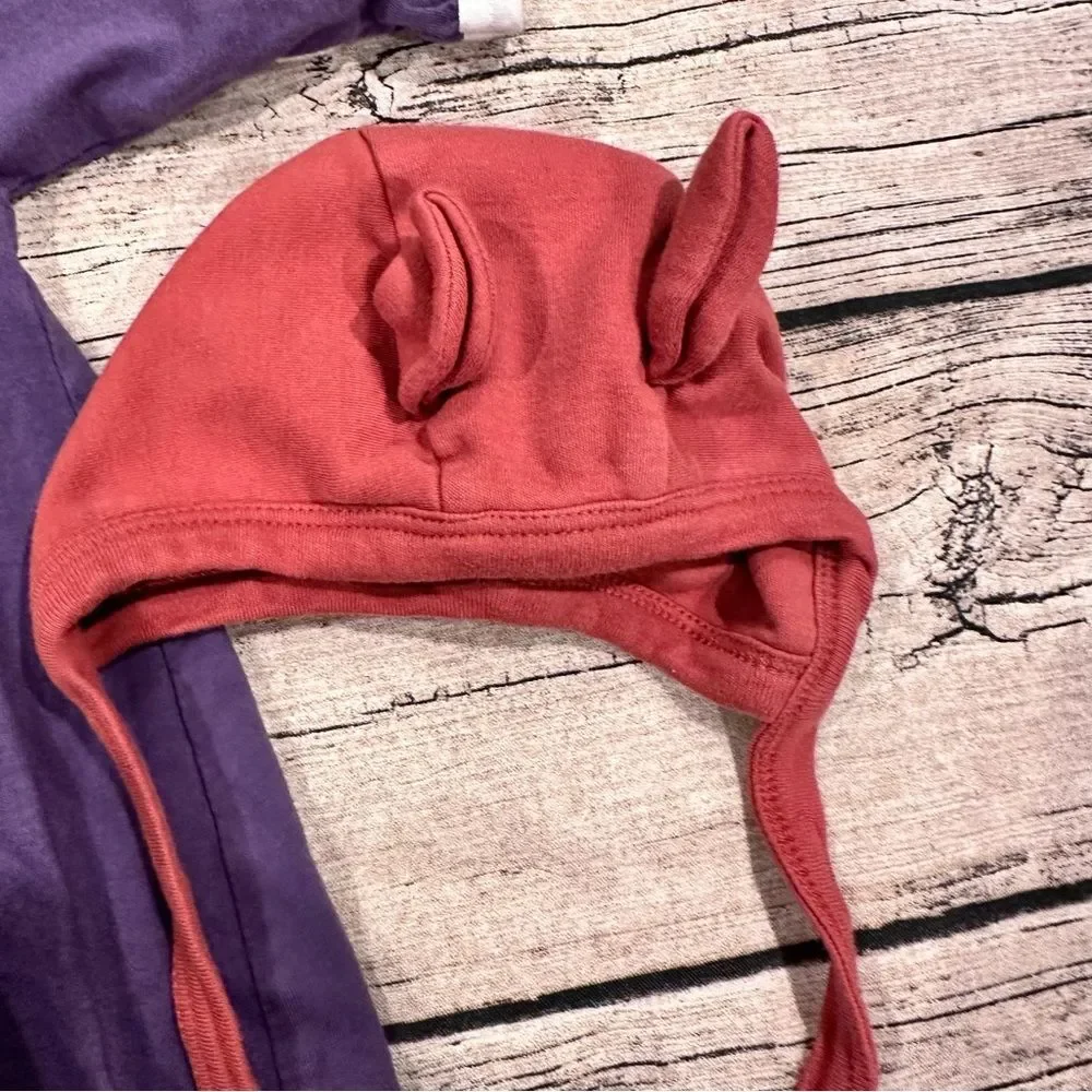 Kate Quinn Organic Purple Baby Gown and Red Hat with Chin Straps & Ears Size 0-3